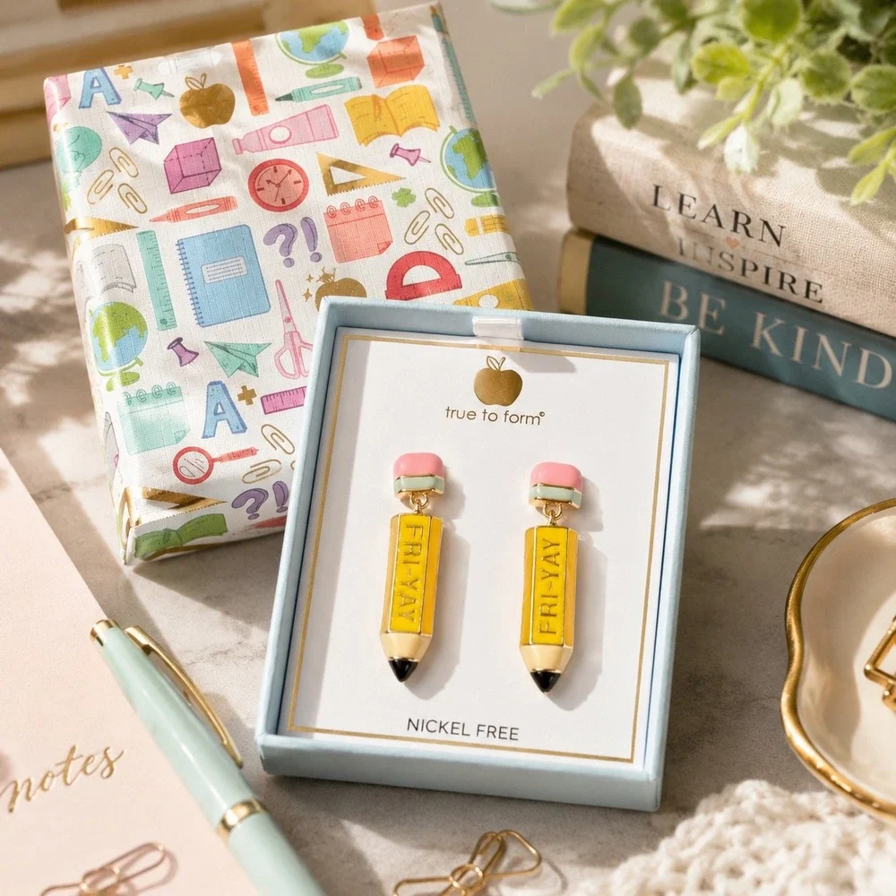 True to Form Teacher Pencil Drop Earrings FRI-YAY Enamel Nickel Free Box